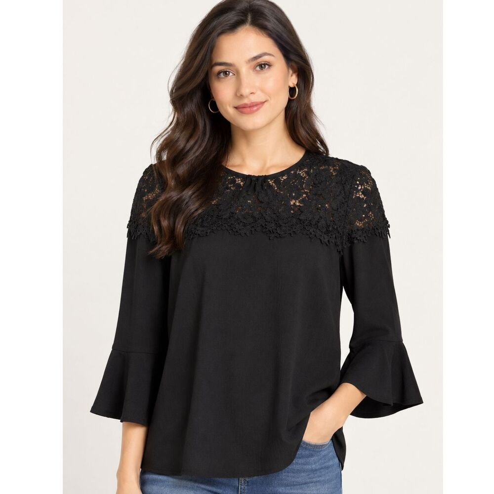 Michael Kors Black Lace Yoke Bell Long Sleeve Blouse Women's XS Elegant Top